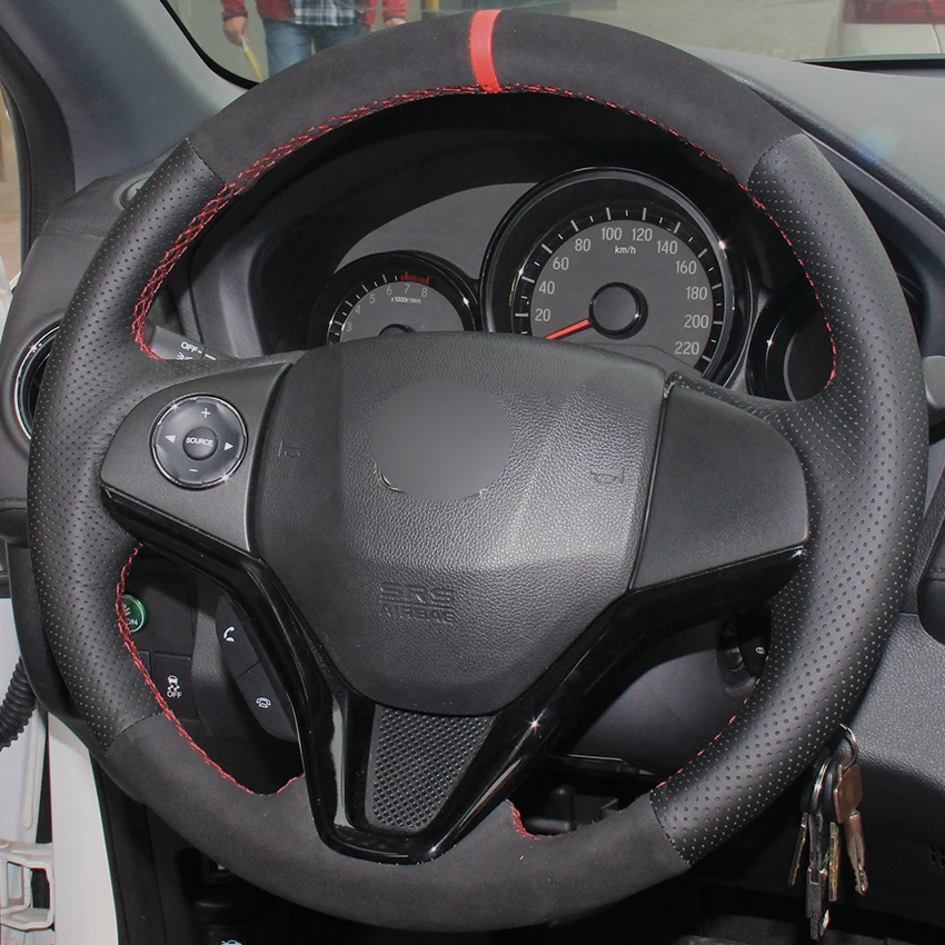 Натуральная кожа черная замша чехол рулевого колеса автомобиля для Honda New Fit