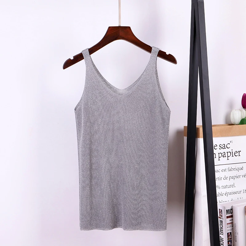 Женский трикотажный топ GOPLUS серебристый Топ без рукавов с v образным вырезом и