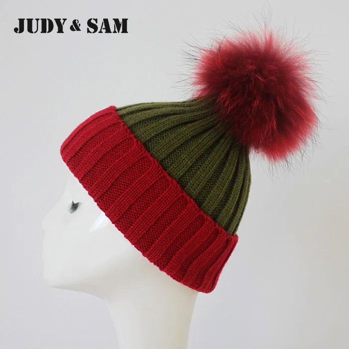 Женская теплая вязанная шерстяная шапка с помпоном из меха енота. 5 цветов.|beanie