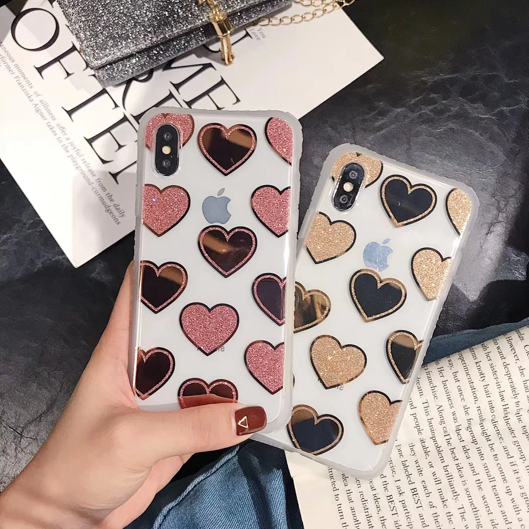 Блестящий чехол для телефона с сердечками Iphone 8 7 Plus модный зеркальный 6/6 X Xr Xs Max