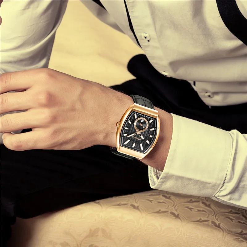 

BENYAR Brand Quartz Watch Genuine Leather Strap Luxury Classic Rectangle Case Automatic Date Business Men Watch Relogio Masculin