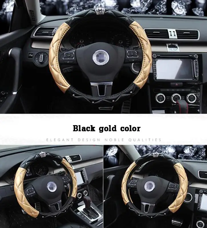 

Чехлы для руля автомобиля, кожаные чехлы для руля автомобиля черного и розового цвета с бриллиантами, универсальные аксессуары для женщин и девушек