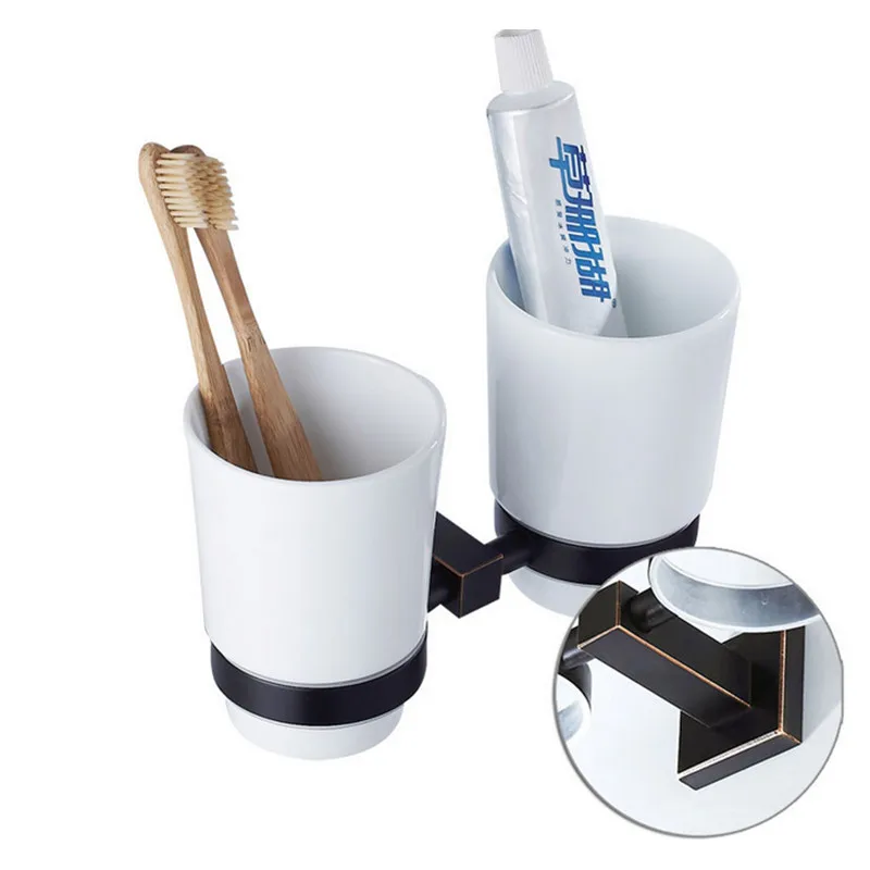 

Free shipping Modern design copper bathroom accessories black bronze finish double tumbler holder toothbrush cup holder