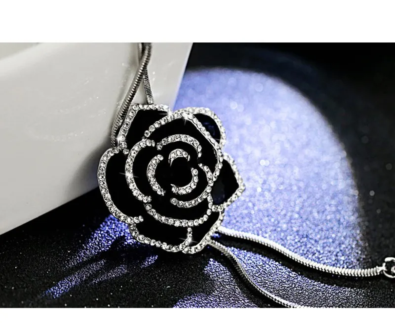 Новинка, модная цепочка для свитера с черной розой, Женский Кристалл от Swarovski, 2 цвета, осенне-зимнее ретро ожерелье с цветами