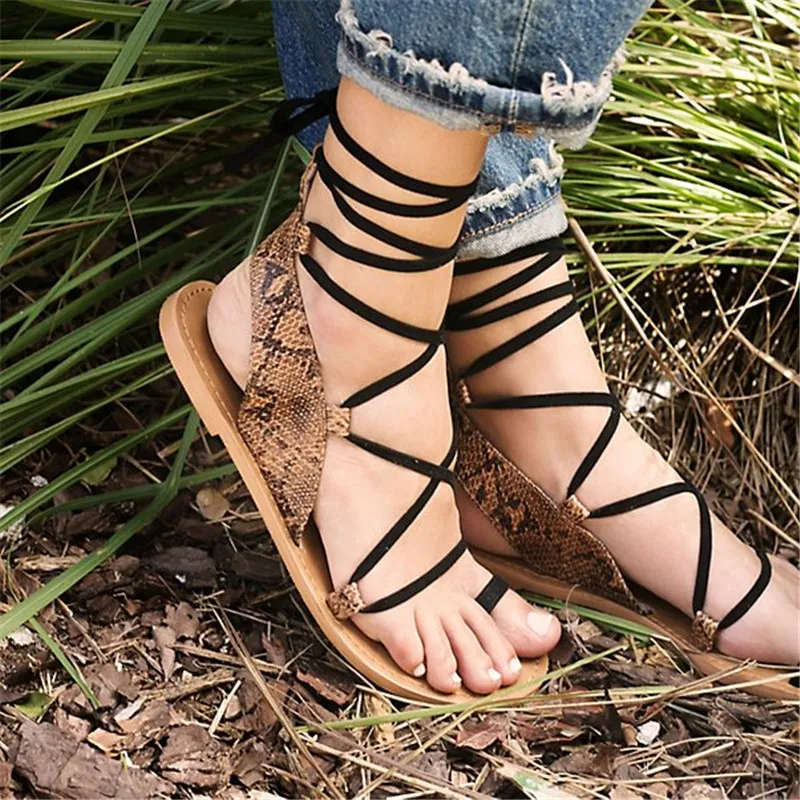 Пересек Зашнуровать Сандалии Девушки Женская Обувь Плоским Лодыжки Связали