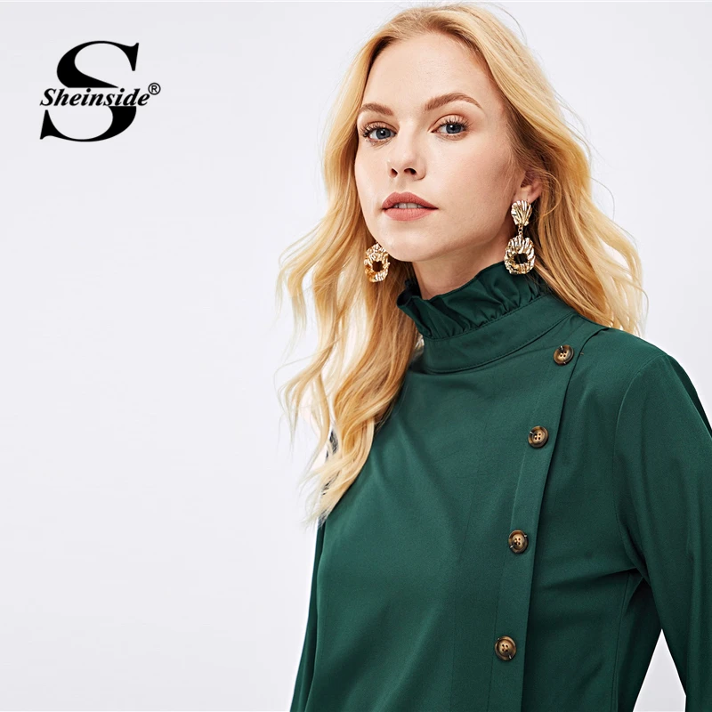 Sheinside зеленый минималистичный Повседневный Топ с оборками и высоким воротом для женщин Весенняя элегантная блуза на пуговицах OL Женская рабочая одежда одноцветные блузки