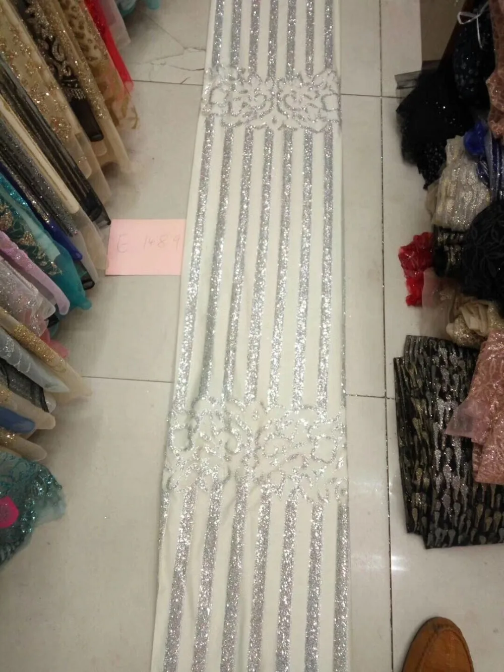 Блестящая серебряная полоса французская сетчатая кружевная ткань с