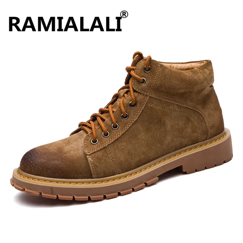 Ramialali/мужские ботинки из натуральной кожи; Мужская обувь; повседневные ботильоны на шнуровке; модные ковбойские ботинки в британском стиле; сезон зима - Цвет: Коричневый
