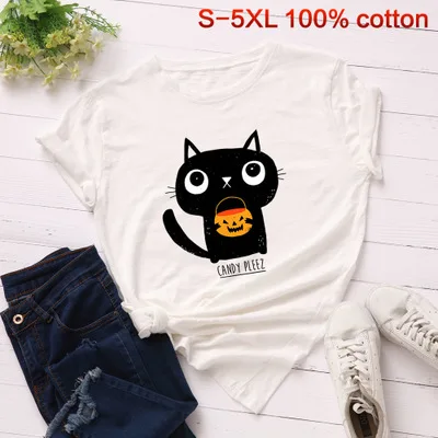 off white SINGRAIN модная женская футболка из хлопка, топы с принтом в виде тыквы, фонаря, милого кота, короткие рукава, S-5XL, футболка большого размера - Цвет: off white