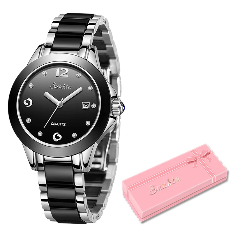 Silver black Relogio Feminino SUNKTA, женские часы, водонепроницаемые, лучший бренд, роскошные часы для женщин с керамикой и металлическим ремешком, Relojes Para Mujer - Цвет: Silver black