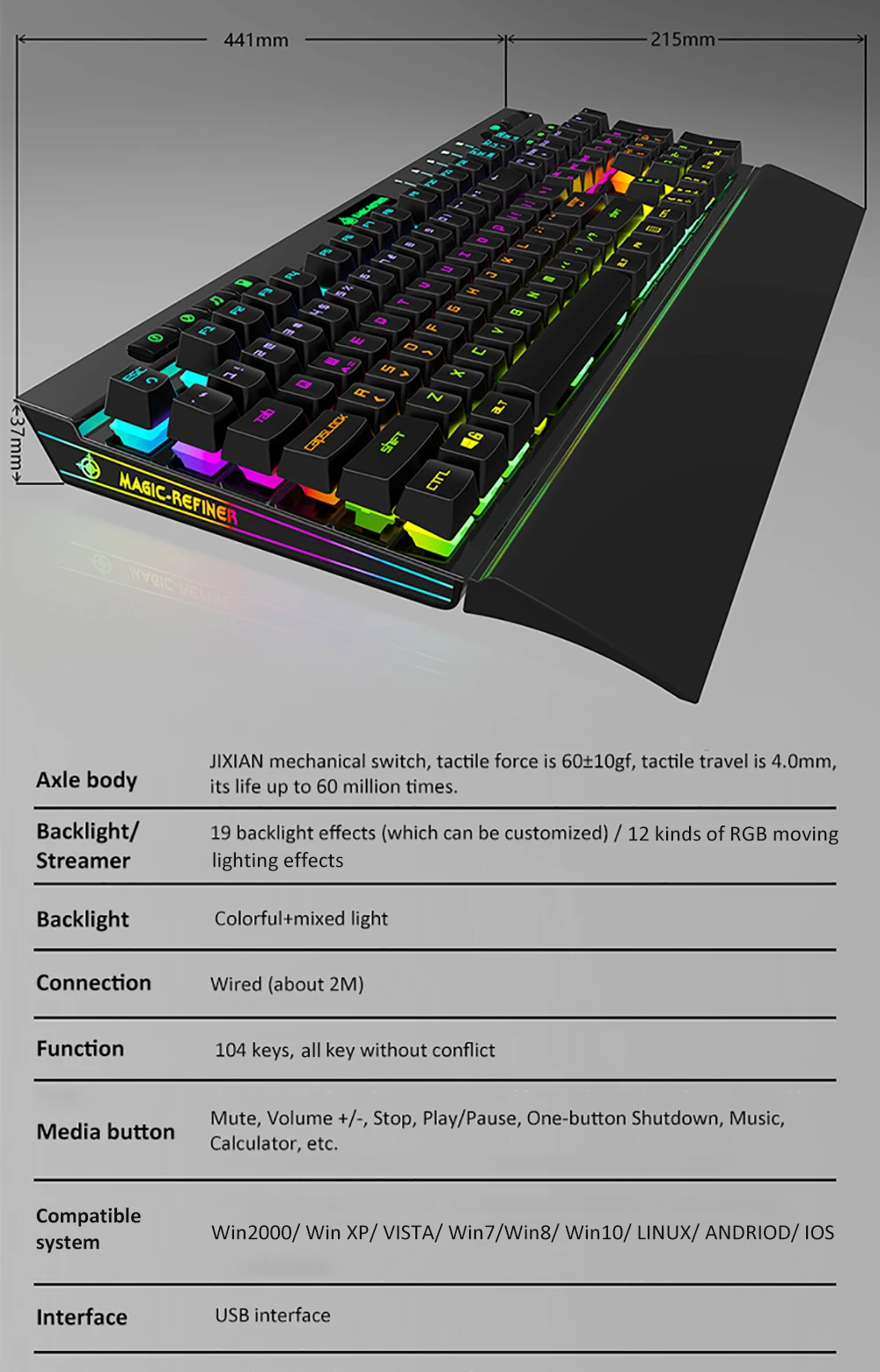 Magic-Refiner MK12 механическая клавиатура игровая клавиатура USB Проводная клавиатура 12 RGB 19 подсветка механический оптический переключатель 104 ключ