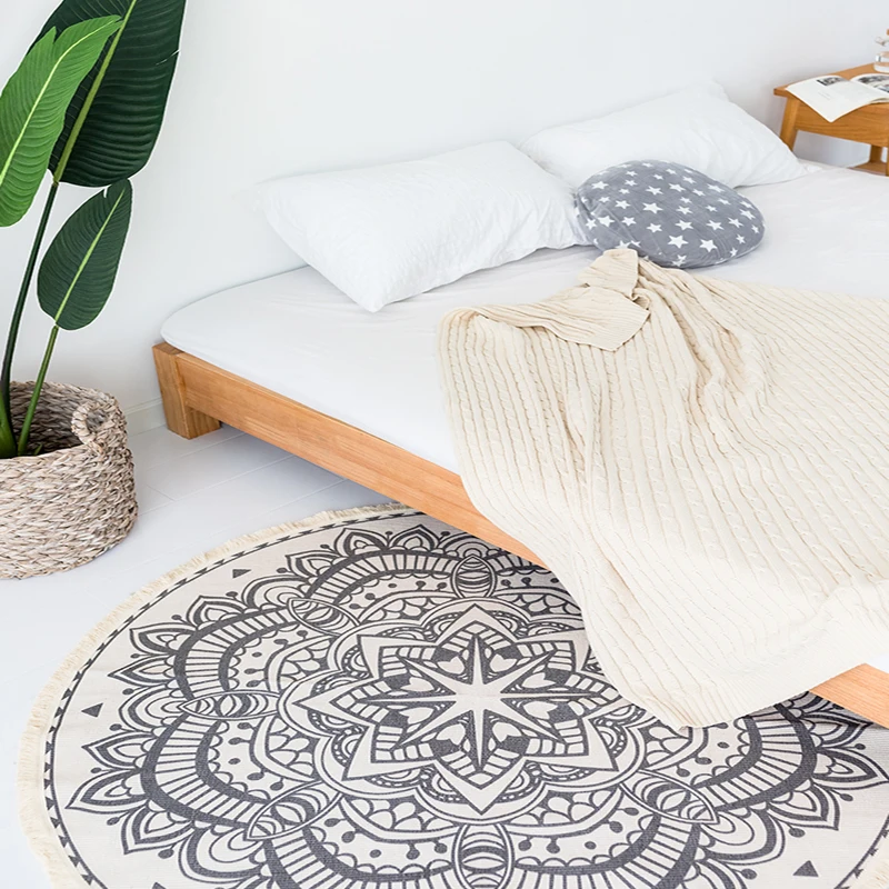 Cotton Hand Woven Mandara Printed Tassels Design Round Rugs Machine Washable Carpets for Living Room Bedroom Black Beige | Дом и сад