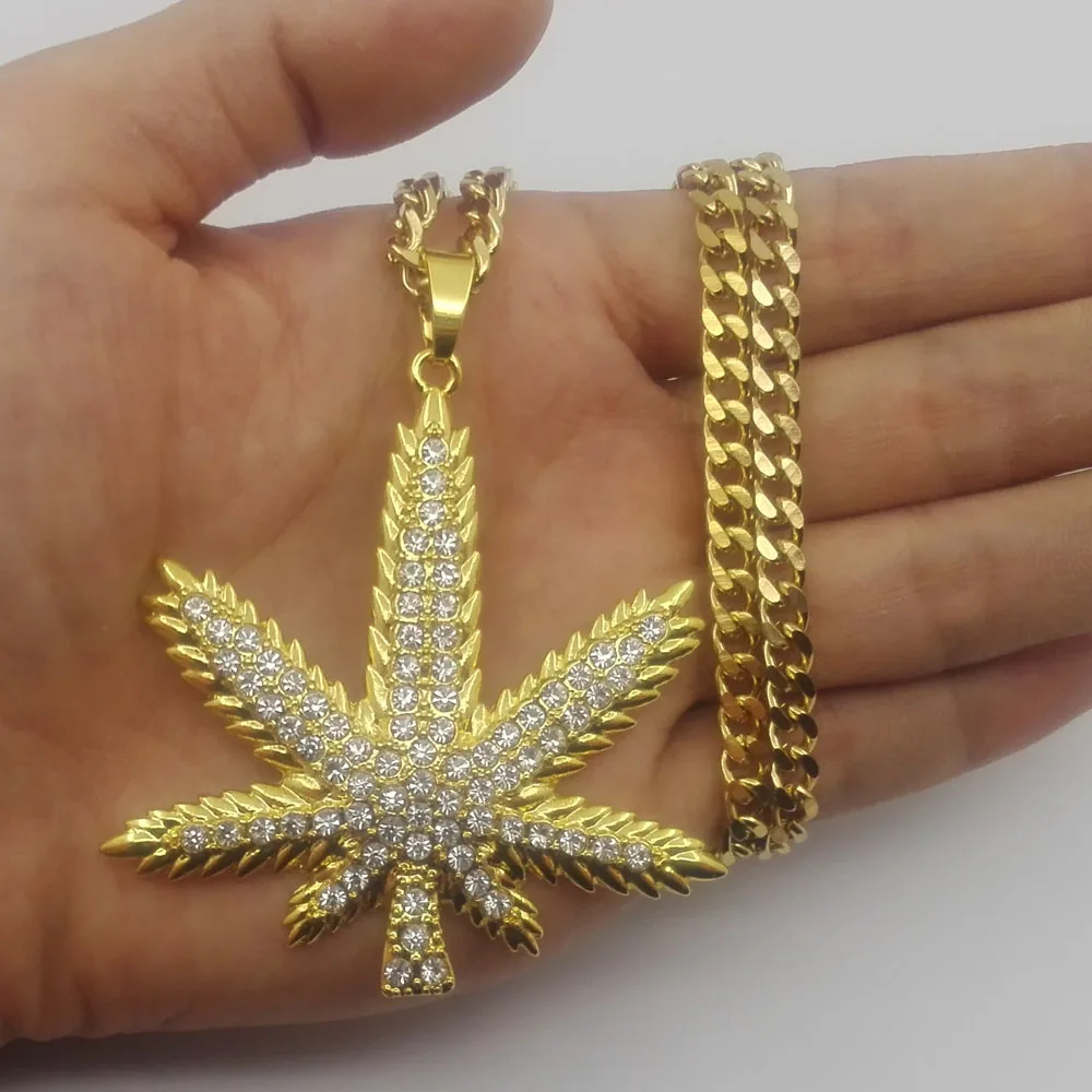 gold color Ожерелье с подвеской в виде листа, модное женское ожерелье в стиле хип-хоп, 30 дюймов, кубинская цепочка, мужские ювелирные изделия N676 - Окраска металла: gold color