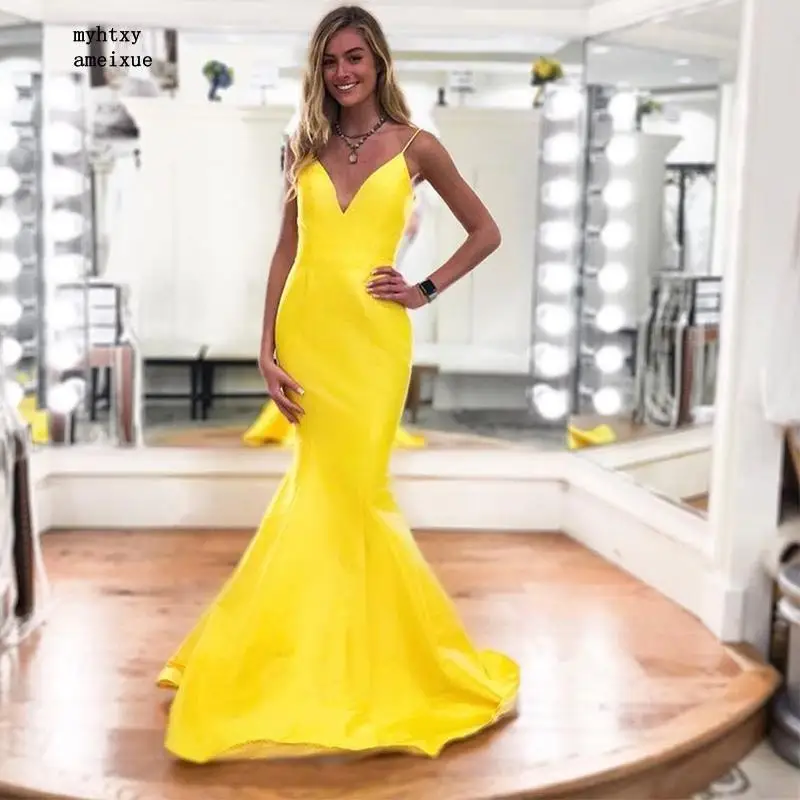 Простое вечернее платье русалки с v образным вырезом длиной до пола желтое