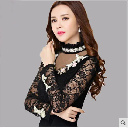 2016 Кружева Рубашки Блузки Женщины Плюс Размер Водолазка Цветок Вышивка Женщина