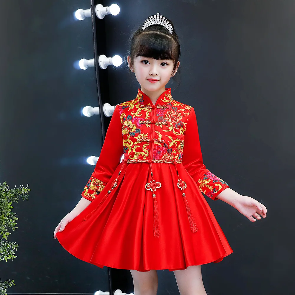 Зимнее платье принцессы детское красное свадебное платье-Ципао традиционный