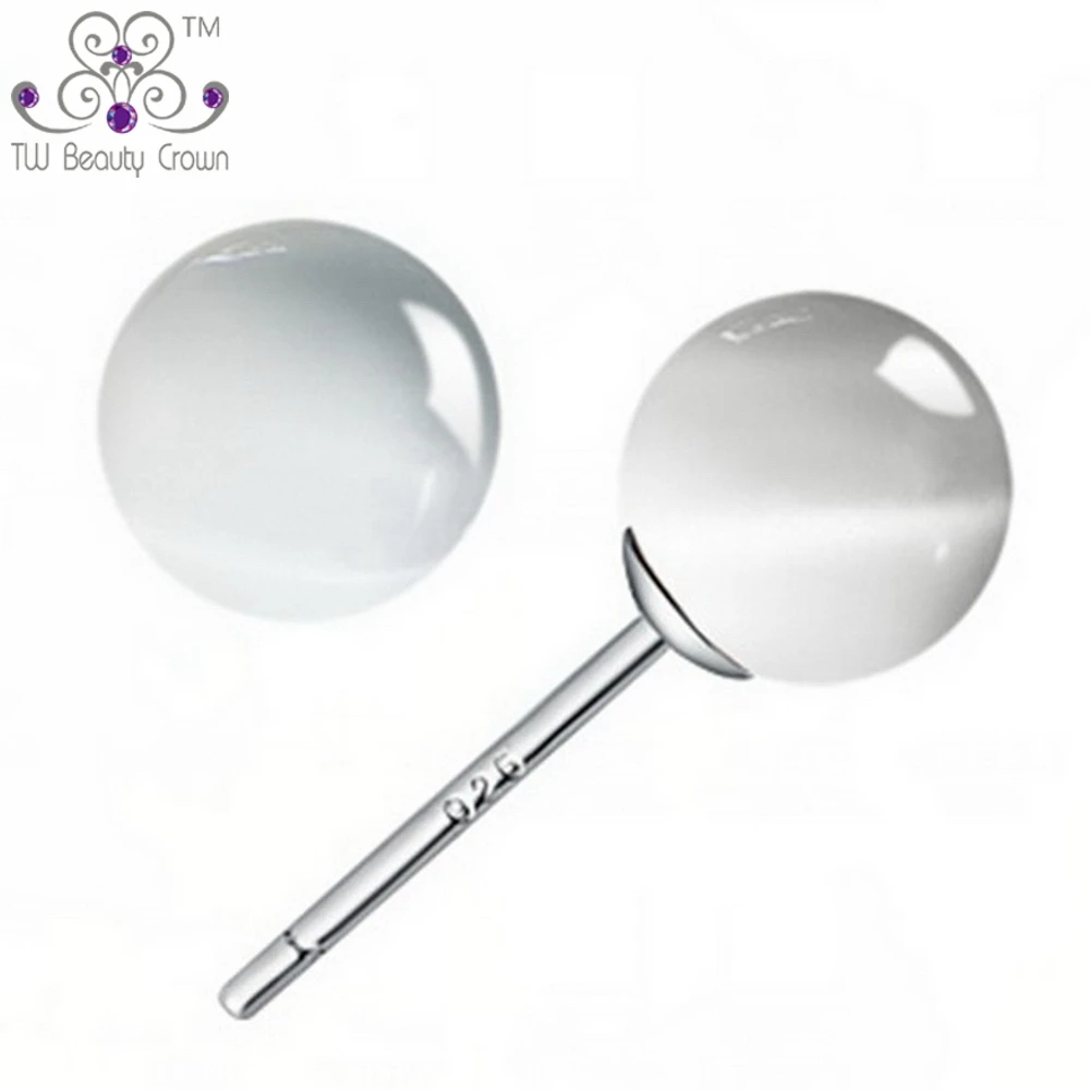 Женские серьги пусеты круглые из серебра 925 пробы с белым кошачьим глазом|fashion stud