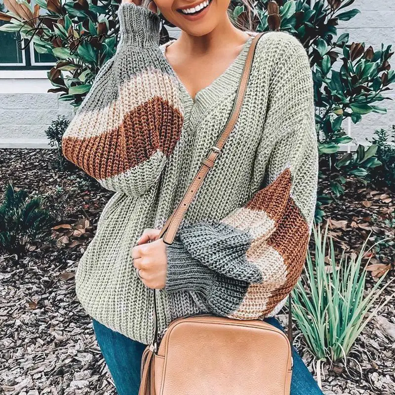 Femajor Women Autumn Winter Sweater Casual V Neck Knitted Pullover Female Gray Block Long Sleeve Tops Mujer Loose Jumper | Женская