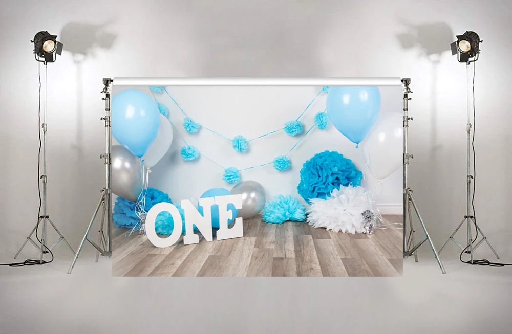 Фон для фотосъемки с изображением 1st День рождения украшения синие шары фон Baby