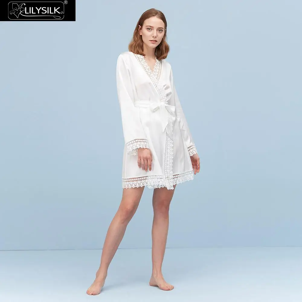 LilySilk шелковый халат 22 Momme Повседневная кружевная Роскошная Новая женская - Цвет: White