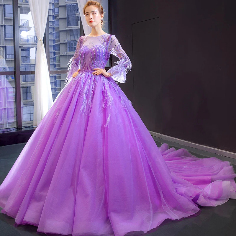 J66911 jancember purple long evening gown 2019 o-neck long sleeves botton back ball gown lace prom dress evening платье вечернее