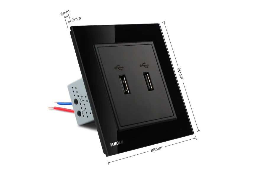 Livolo Британский Стандартный две банды USB разъем Socket/розетка, черного цвета с украшением в виде кристаллов Стекло Панель, VL-W292USB-11/12/13