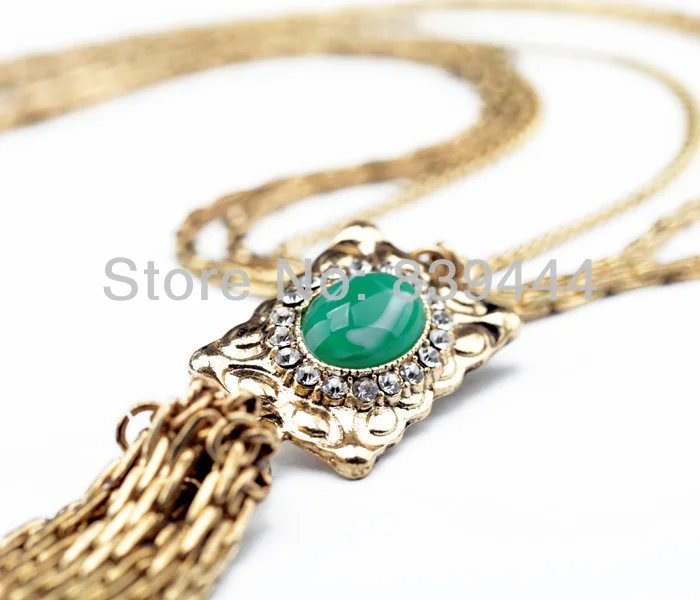 Конкурентоспособная цена зеленый камень кисточка золотого цвета ожерелья |