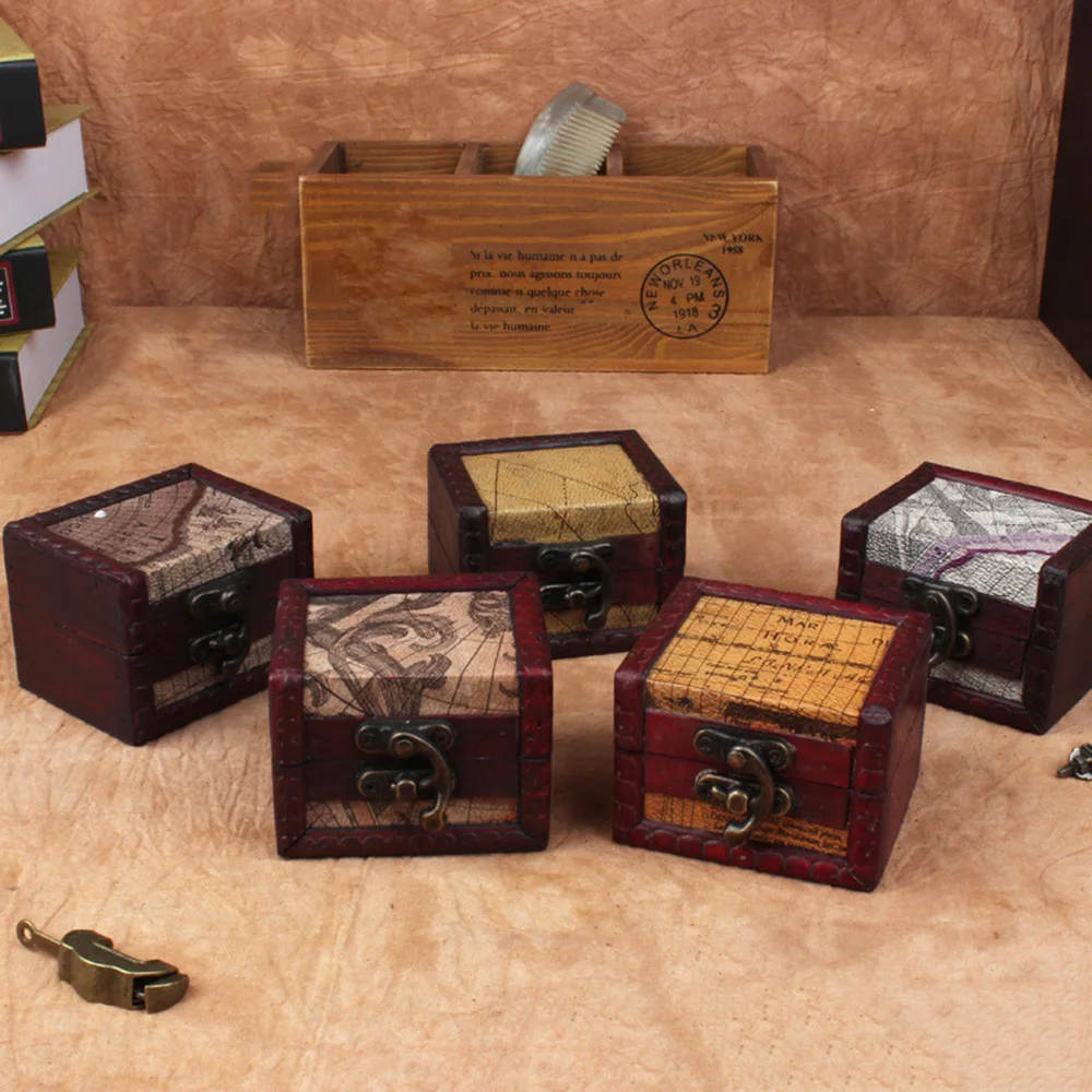 2pcs Retro Small Wood Storage Box With Metal Lock Jewelry Treasure Pearl Decorative Trinket Wooden Case Vintage Organizer