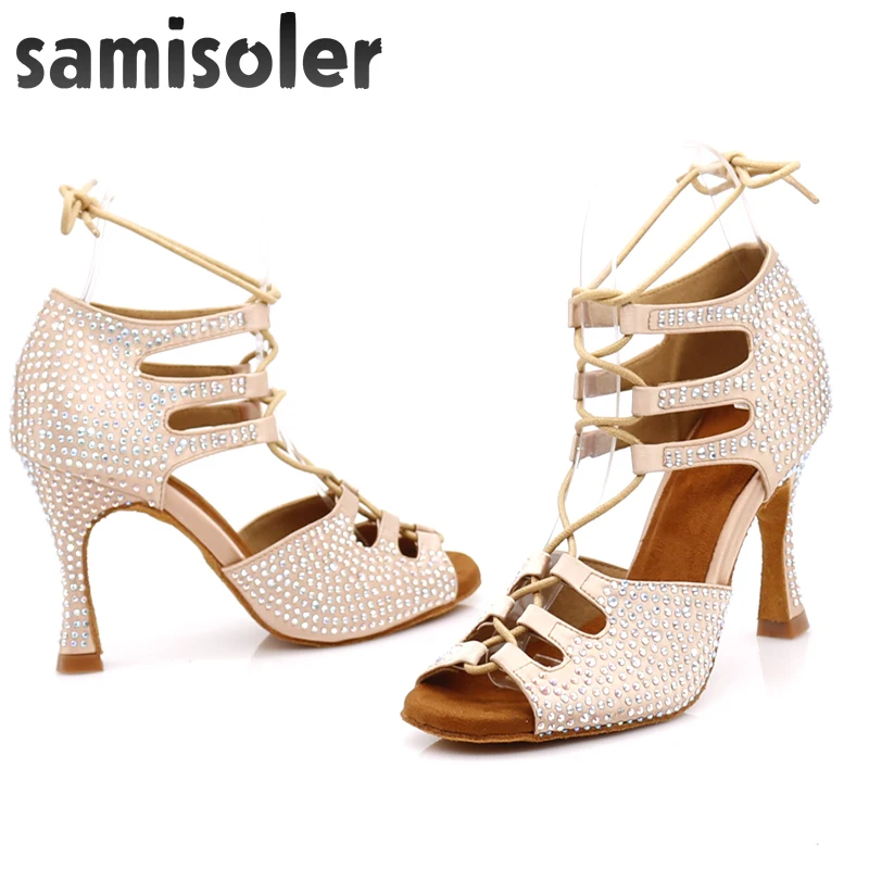 Женская обувь для латинских танцев блестящая из кожи и Сатина Танцевальная со