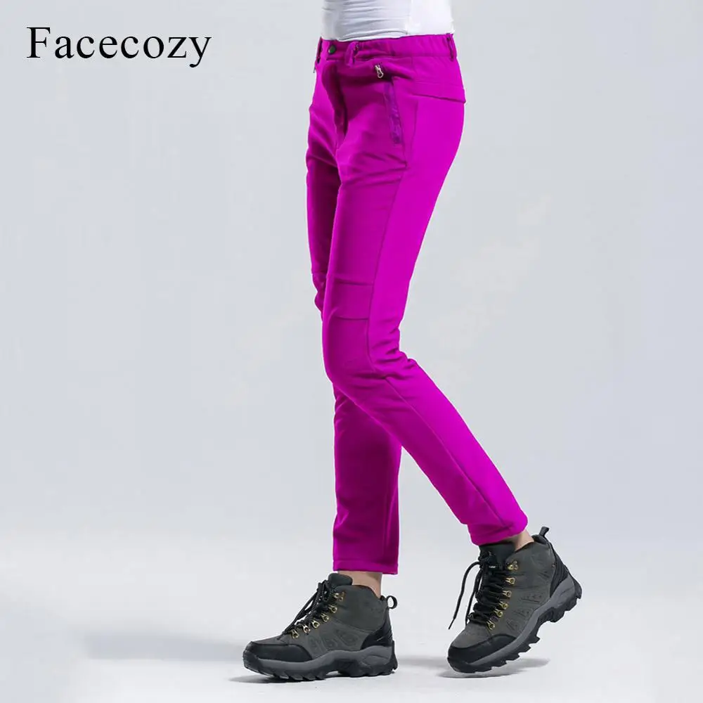 Facecozy, женские зимние утепленные уличные Походные штаны, облегающие ветрозащитные теплые флисовые брюки Софтшелл для кемпинга, лыжного туризма - Цвет: Rose Red Pants