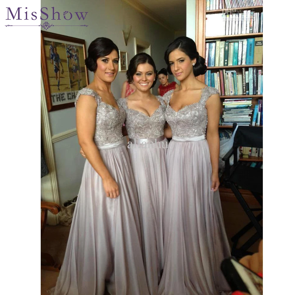 

2019 New Long Bridesmaid Dresses A Line Beaded Lace Bodice Gray Chiffon Dress See Through Back Vestido De Festa De Casamento