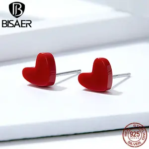 Женские серьги-гвоздики из серебра 100% пробы, в виде красного сердца