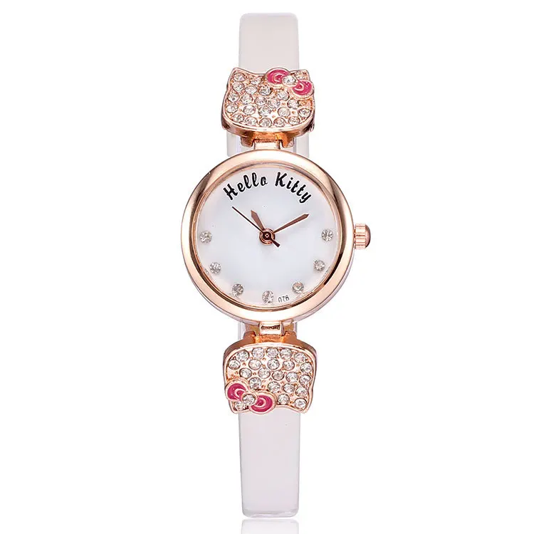 Cute hello kitty leather strap woman watches 2015 quartz fashion analog rose gold plated charm rhinestone watch ladies 5 colors | Наручные