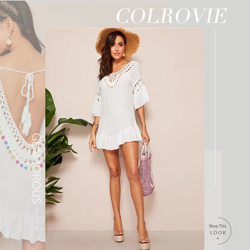 COLROVIE, белое, с кисточками, с завязками на спине, с помпоном, с открытой спиной, вязанная крючком вставка, для женщин, сексуальное, накидка,, летняя одежда для купания, Пляжное Платье