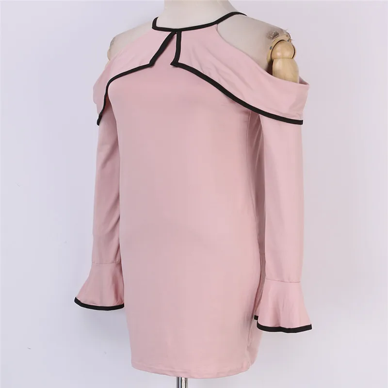 Модное осеннее Розовое женское облегающее платье с открытыми плечами и длинным