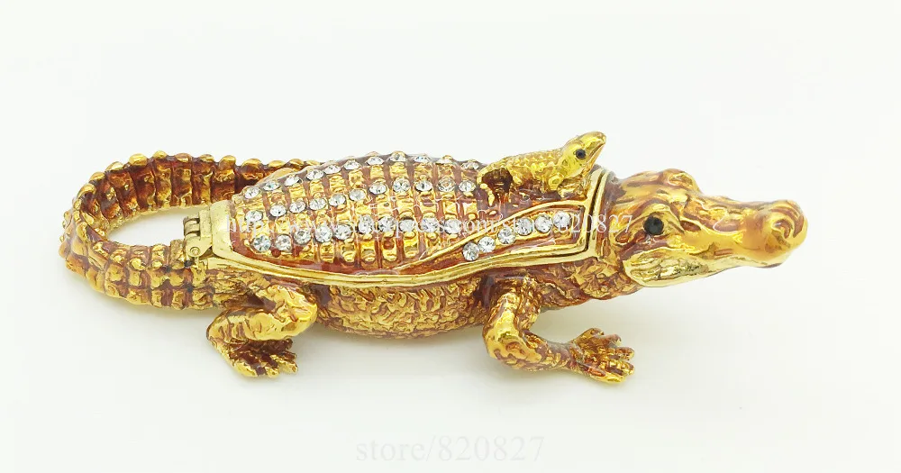 BEJEWELED RHINESTONE CRYSTAL ENAMEL TRINKET BOX - ALLIGATOR/CROCODILE STATUE