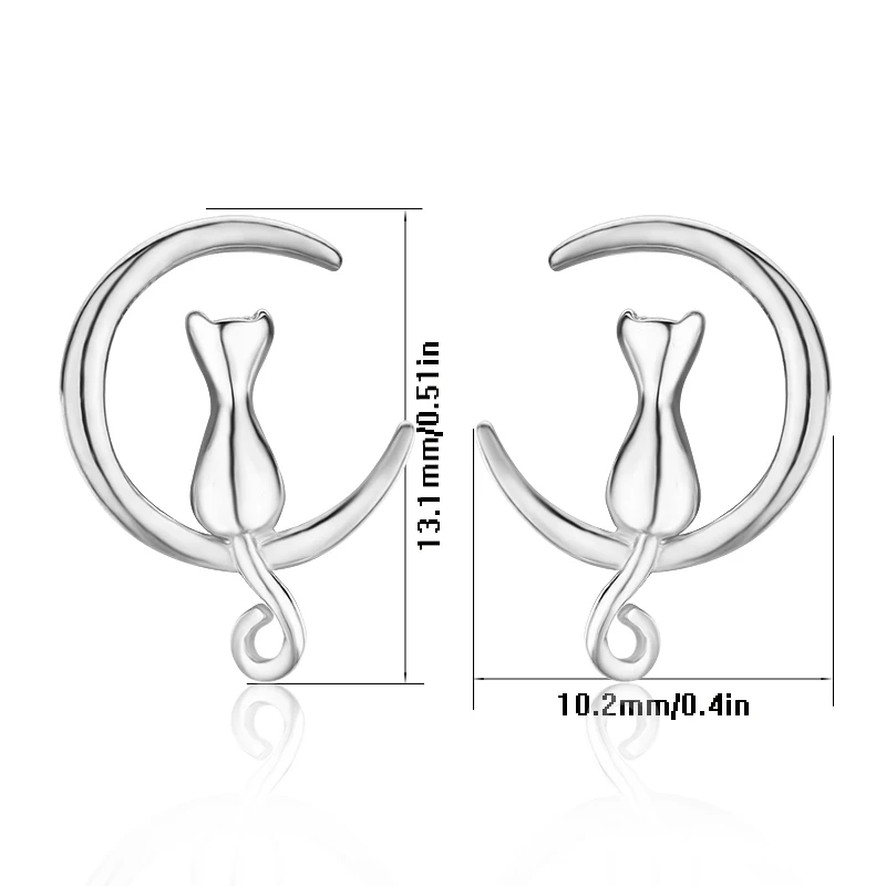 Серьги гвоздики из серебра 925 пробы в виде котенка на Луне|cat stud earrings|cat earrings for womencat