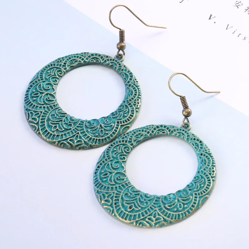 Античные зеленые Ретро Винтажные этнические модные круглые полые Длинные серьги