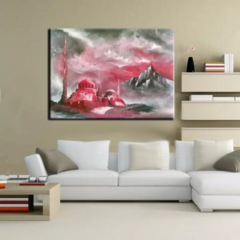 Modern Home Decor Wall Art Pictures Hand Painted Abstract Landscape Oil Paintings Large Pink Castle Scenery Canvas Painting Gift | Дом и сад