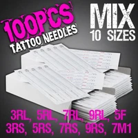 new 100pcs disposable tattoo needles mix needles 10 size 3rl 5rl 7rl 9rl 3rs 5rs 7rs 9rs 5f 7m1 for tattoo machine free shipping