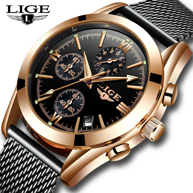 2019LIGE men's watch new luxury brand fashion sports quartz stainless steel mesh strap dial date clock | Наручные часы