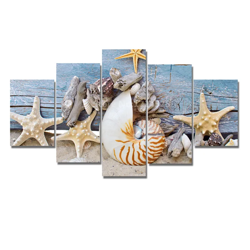 

Unframed 5 Pieces Modern Blue Beach Seascapes Paintings Wall Art Home Decor Shell Canvas Painting Pictures for Living Room