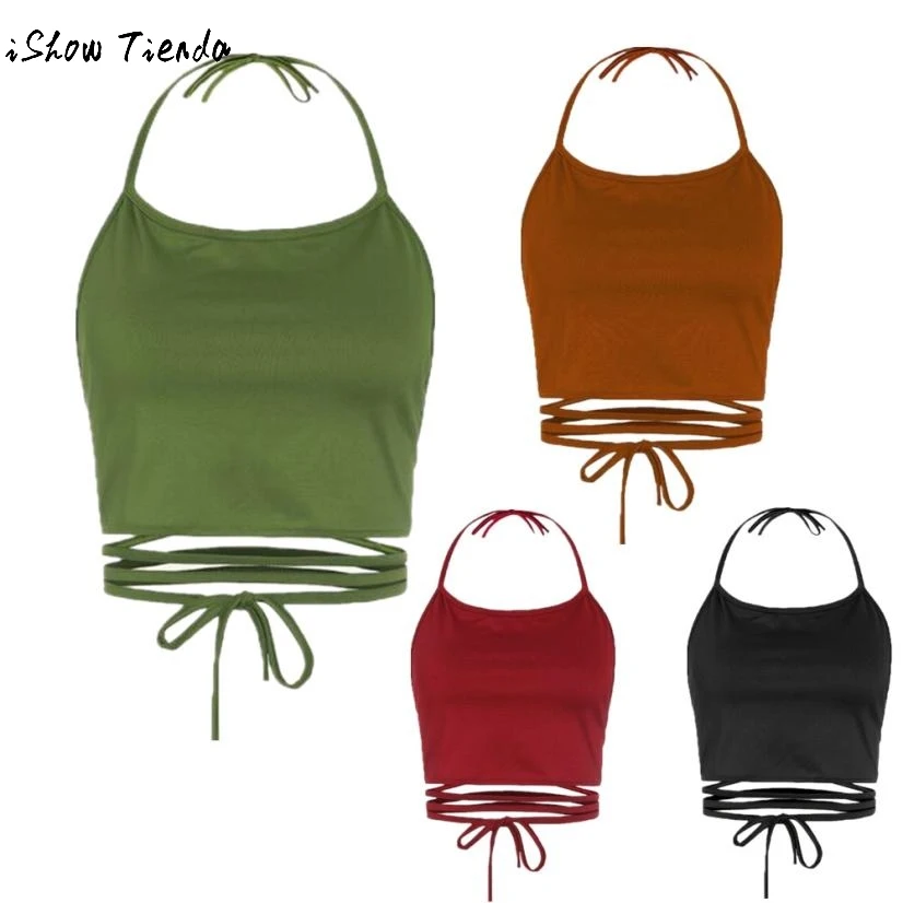 Женский облегающий Топ без рукавов короткий топ с открытой спиной и лямкой на шее