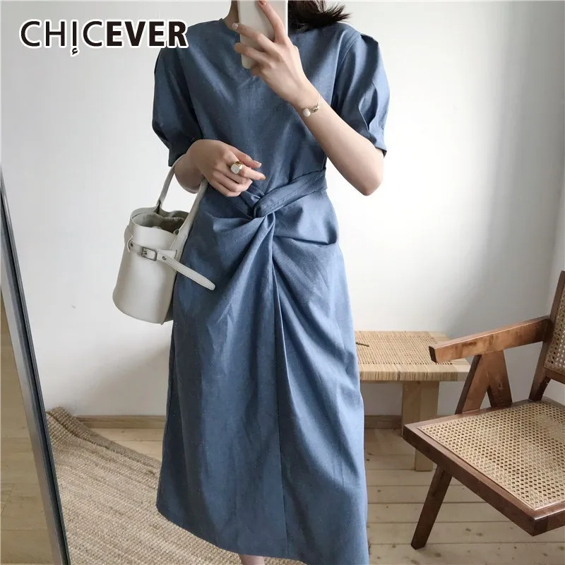 Женское винтажное платье CHICEVER синее до середины икры с о образной горловиной и