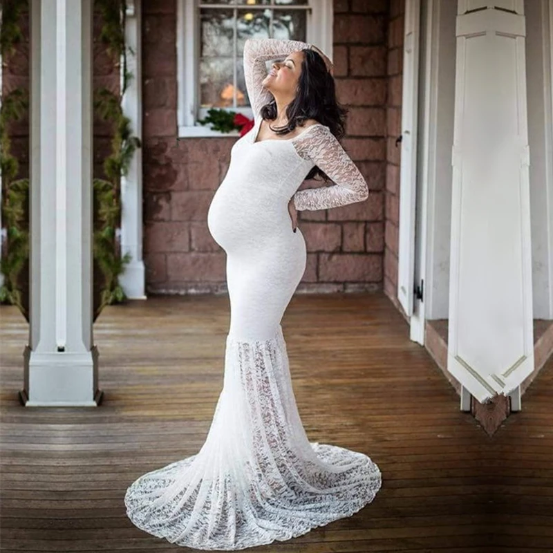 Кружевное длинное платье для беременных Le Couple фотосъемки с длинным рукавом и