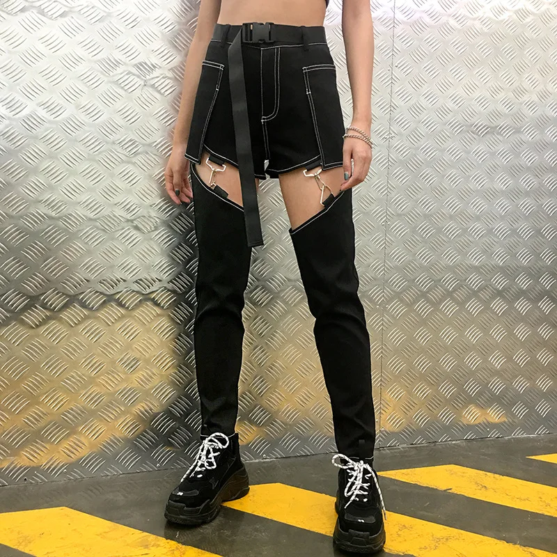 2019autumn and winter new European American hip-hop women's casual trousers high-waisted hollowed-out pencil pants small le | Женская