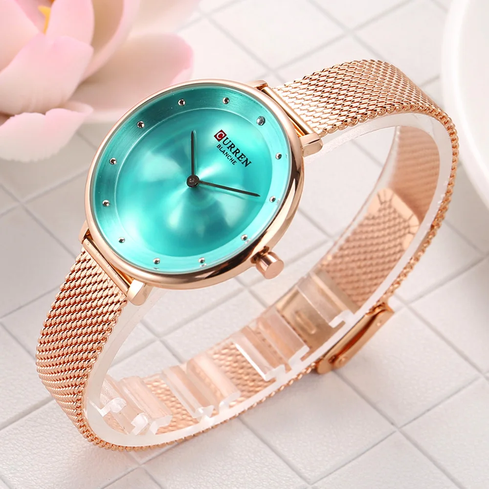 Роскошный бренд Curren Кварцевые часы для женщин с драгоценным камнем циферблат Золотой ультра-тонкий стальной сетчатый Браслет женские наручные часы Montre Femme подарки