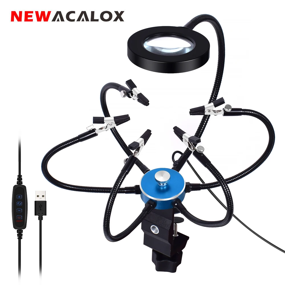 NEWACALOX поворотный скамья тиски, стол зажим пайки Руки помощи 3X USB подсветкой Лупа паяльная станция "третья рука" инструмент