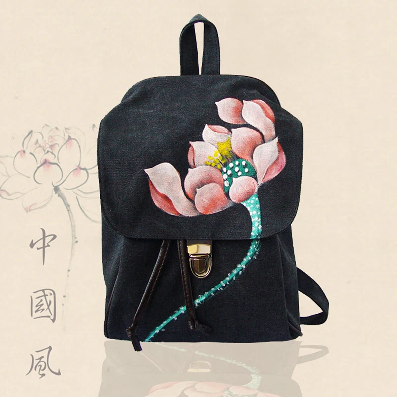 2019 для женщин Китай Национальный стиль тканевый женский рюкзак хаки черные цветы