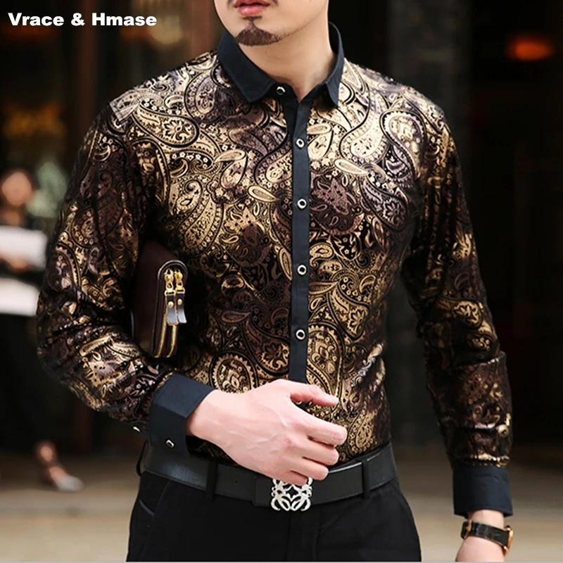 

Personalized Stamping Printing Luxurious Long Sleeved Camisa Masculina Autumn High-End Gold Velvet Soft Quality Shirt Men M-XXXL